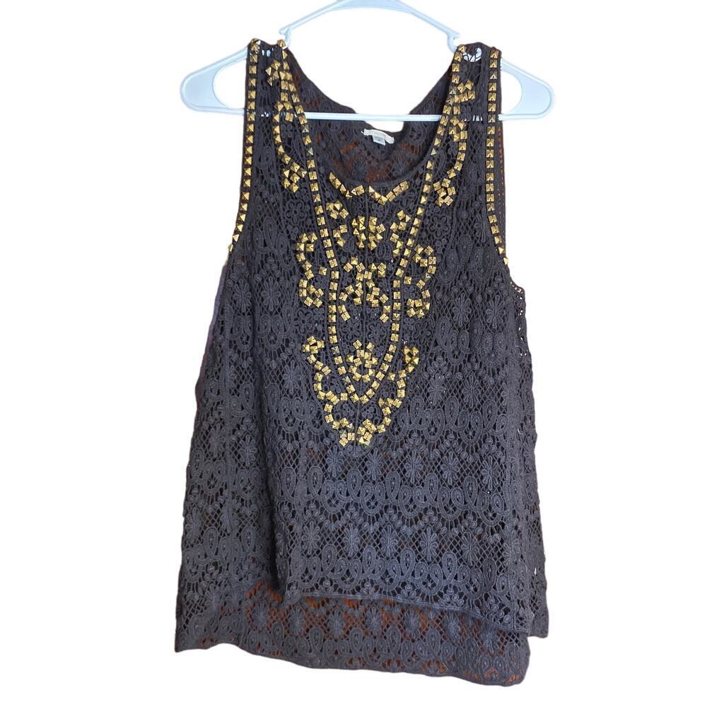 Black Sheer Ecote Gold Studded Tribal Southwestern Tank Top Small